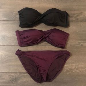 Maroon bandeau bikini top and bottom & black bandeau top FREE SHIPPING